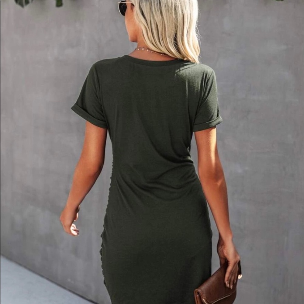 Green Solid Round Neck Self Tie Bodycon Dress - image 2